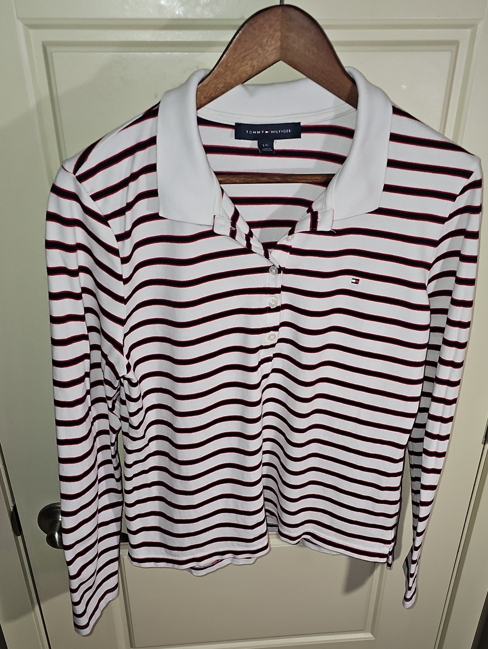 Tommy Hilfiger White and Burgundy Striped Long-Sleeve Polo